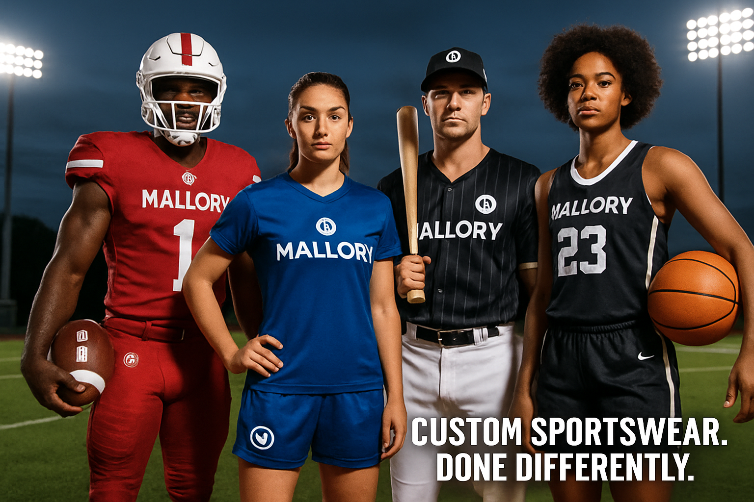 add custom before sportswear.  move all words to the bottom right.  remove the word "custom" on the shirt and replace with the mallory sports logo.